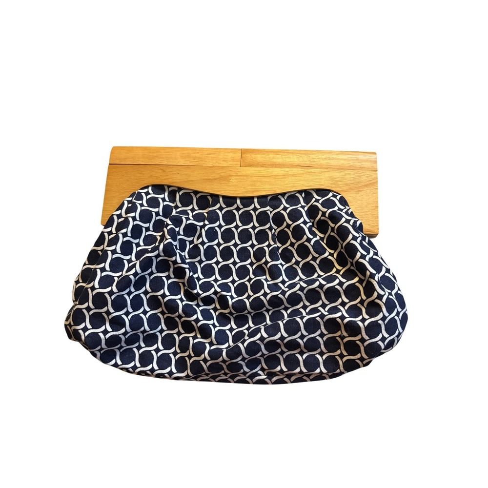Navy Blue Geometric Canvas Pouch Clutch with Natural Wood Frame Closure